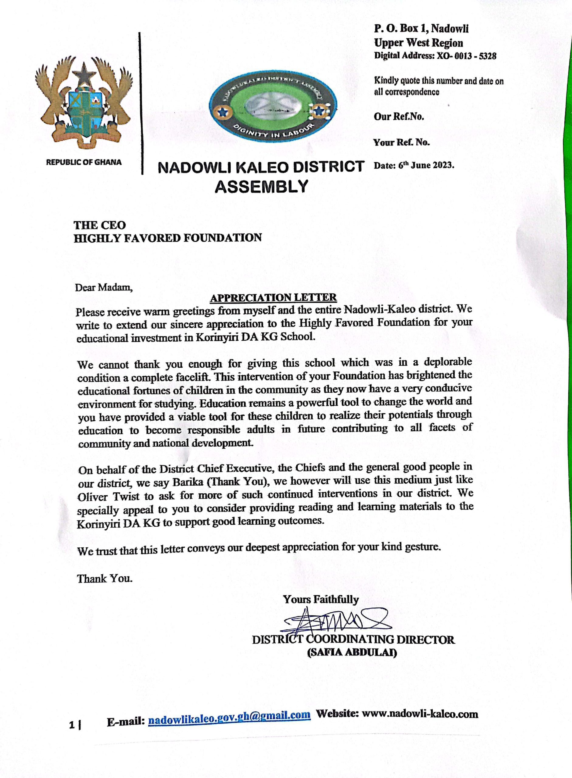 Nadwoli Kaleo District Assembly Recognition