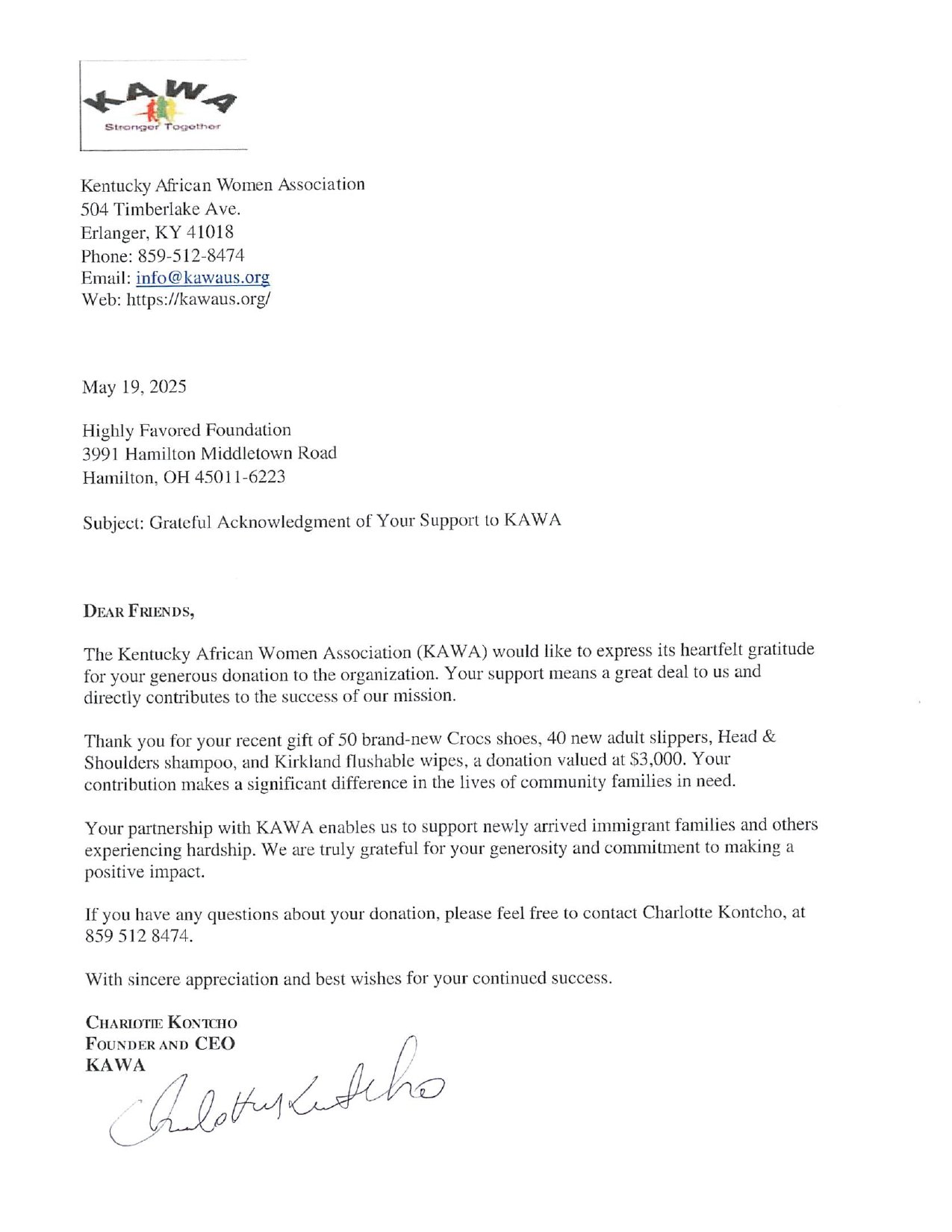 Kentucky African Women Association (KAWA) Acknowledgment