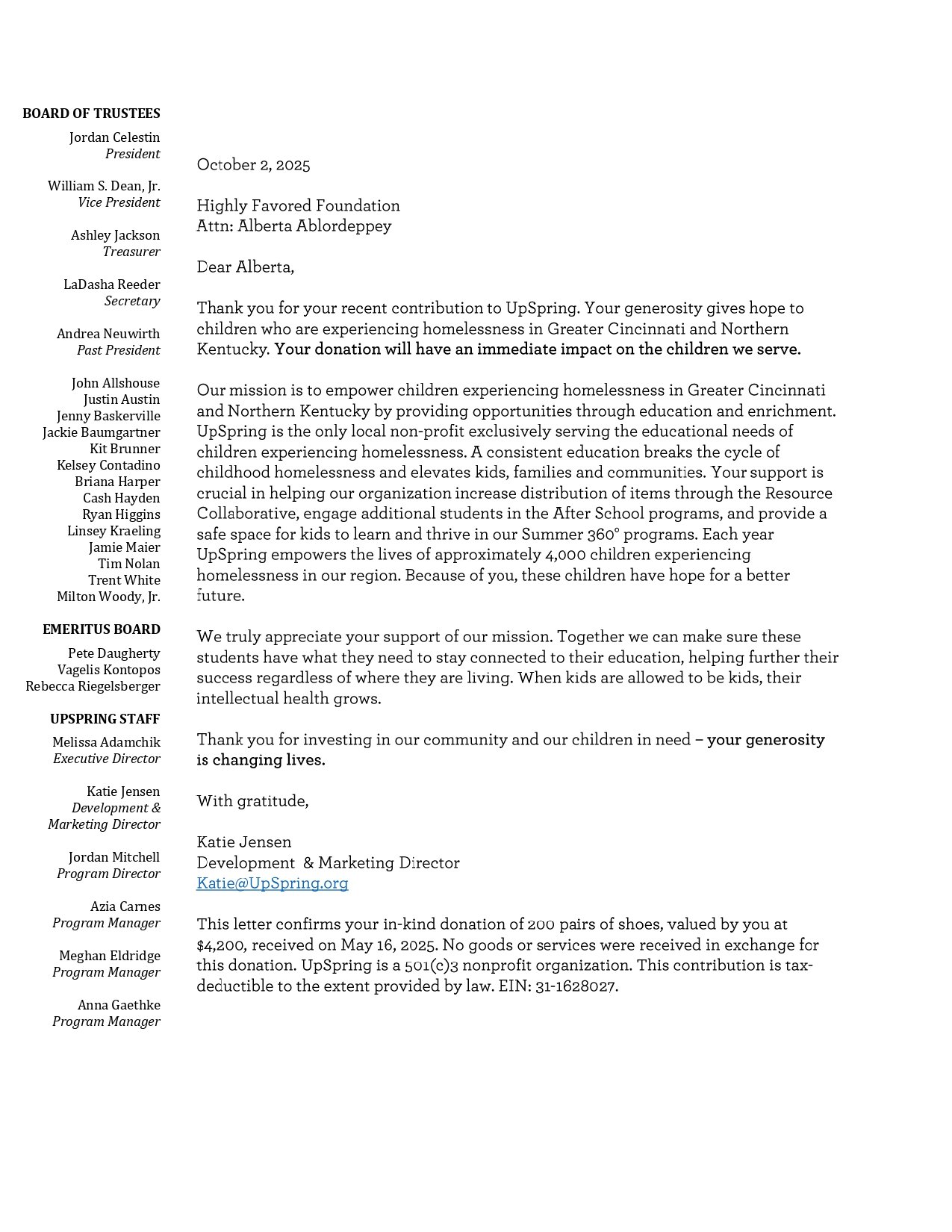 Letter from UpSpring