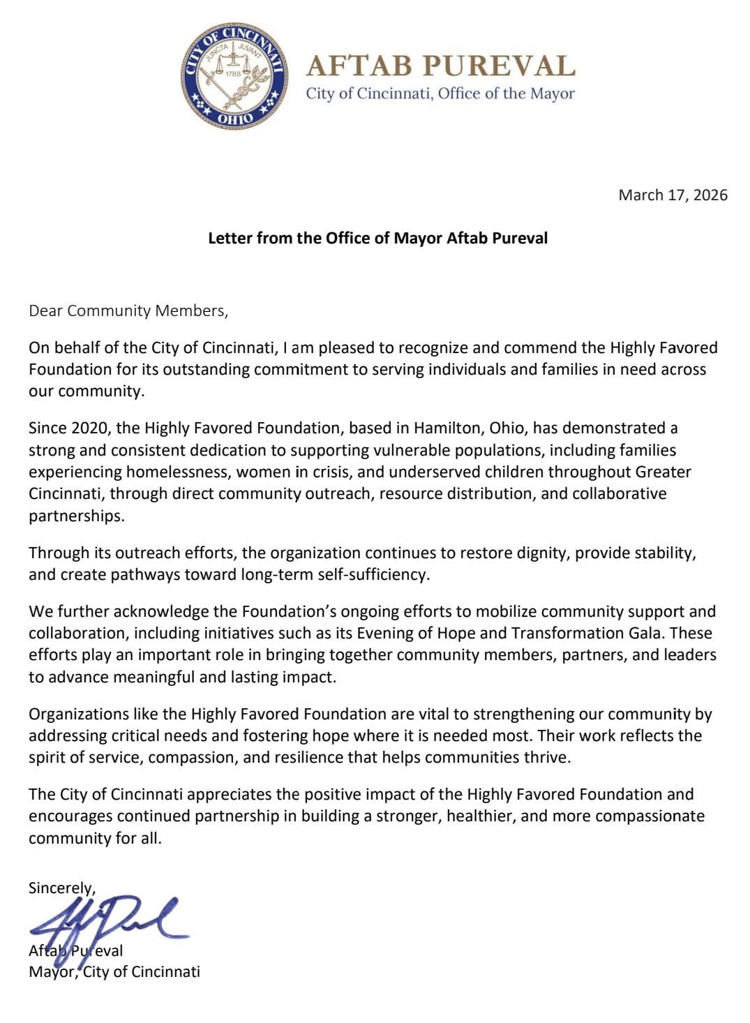 Letter from the Office of the Mayor